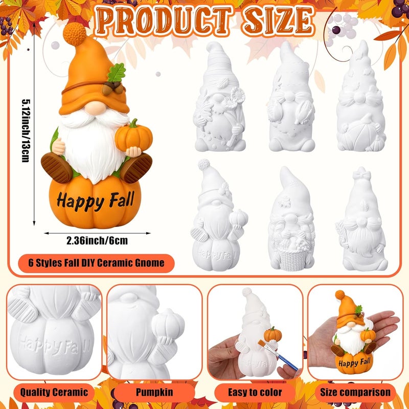 Arrowbash 6 Pcs Fall Ceramics to Paint Ready to Paint Your Own Gnome Statues 5.12 Autumn Thanksgiving Paintable Figurines DIY Unpainted Ceramics Plaster Crafts with Brush Palette - Image 2